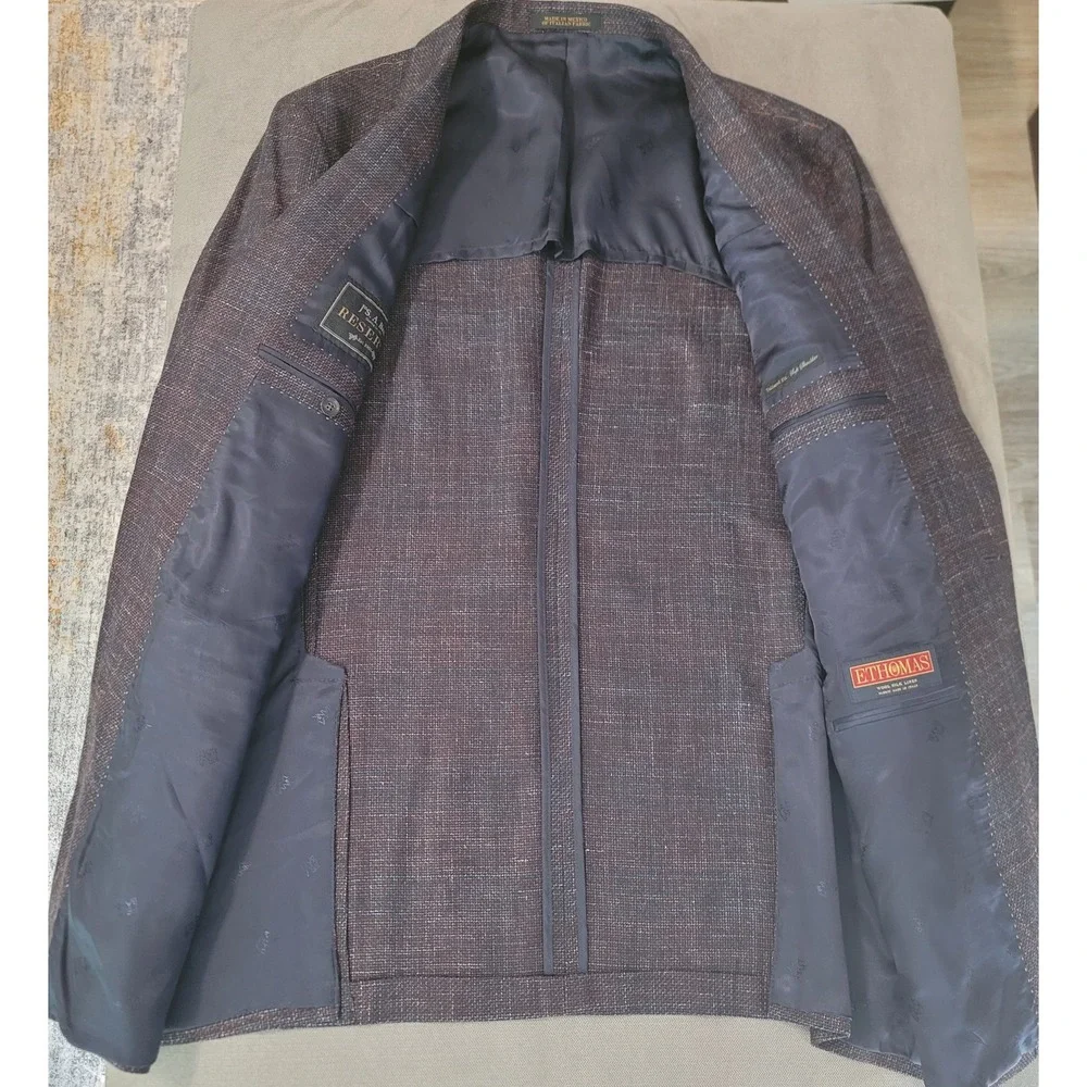 E.Thomas JAB Burgundy Navy 2 Button Wool Silk Linen Sport Coat‎ Size 46 Long